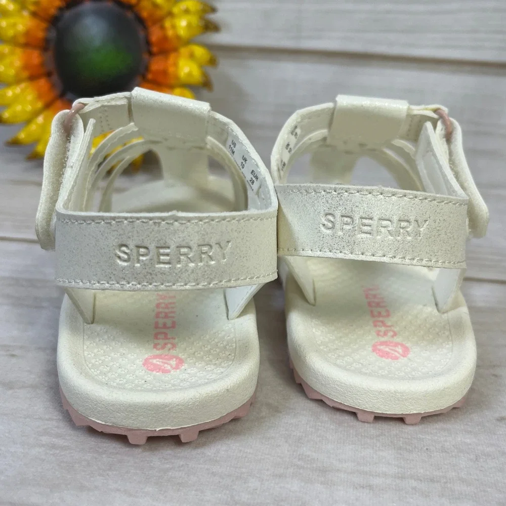 Sperry Kids White Shimmer Fisherman Sandals Pink Sole Size 11M STS87896